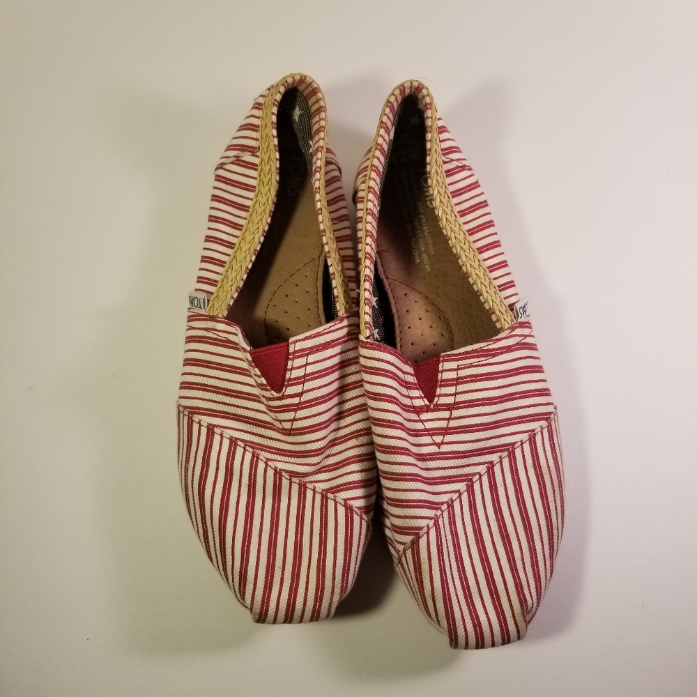 Toms Slip On Flats Striped 7.5 Women's Red White - Picture 5 of 8